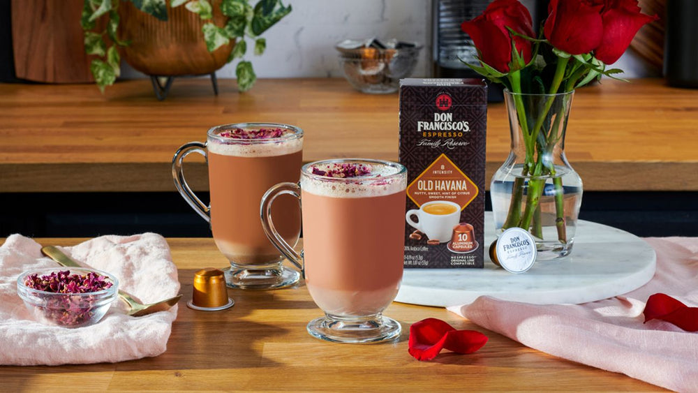 Don Francisco's Coffee Chomomille Rose Latte Recipe. Made with Old Havana Recyclable Espresso Capsules.
