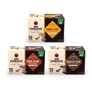 Don Francisco's Bestsellers Coffee Pods Bundle - 12 Count of Vanilla Nut, Kona Blend, and Breakfast Blend