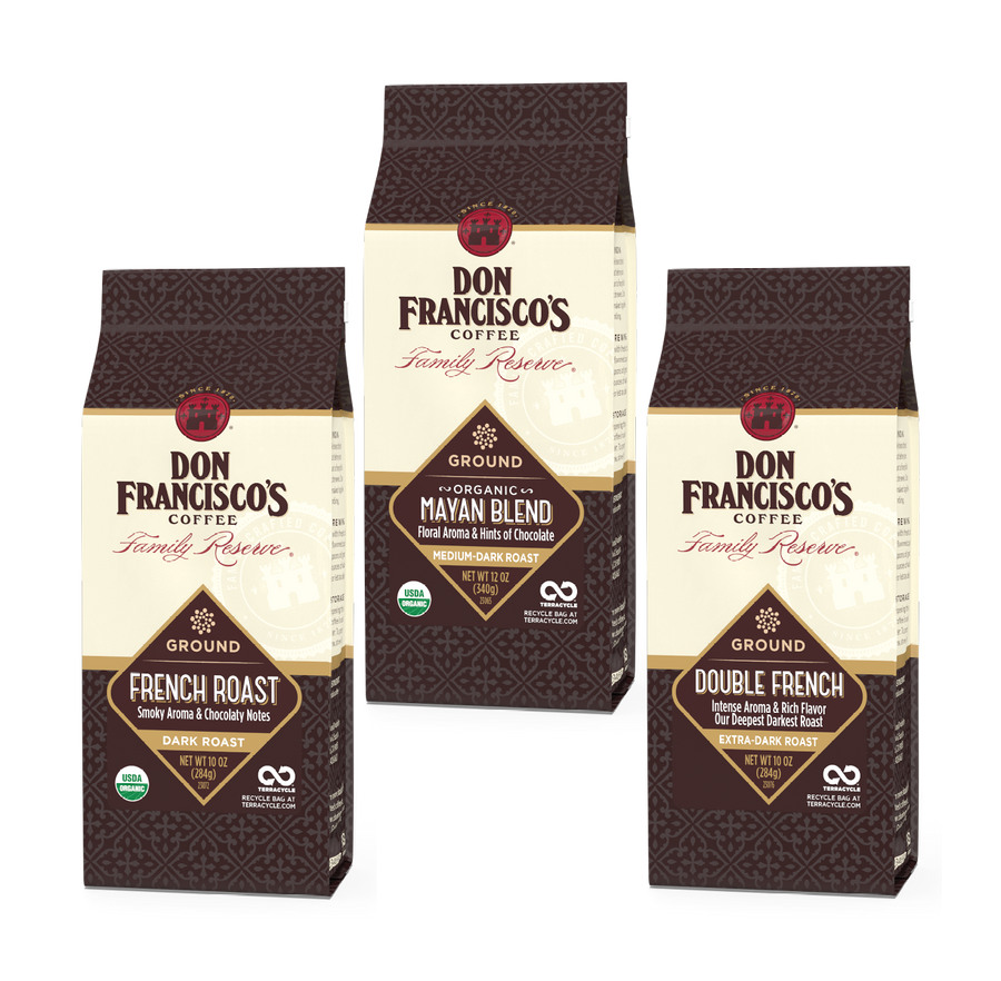 Don Francisco's Dark Roast Ground Coffee Bag Bundlle - Mayan Blend, French Roast, and Double French Coffees