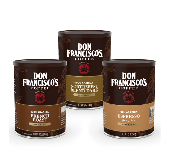 Don Francisco's Dark Roast Can Bundle with French Roast, Northwest Blend Dark, & Espresso Fine Grind Coffees