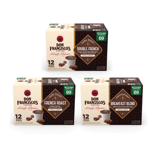 Don Francisco's Dark Roast Coffee Pods Bundle with 12-count of Double French, French Roast, and Breakfast Blend Coffee Pods