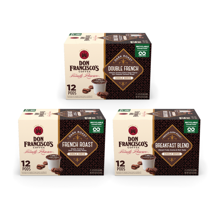 Don Francisco's Dark Roast Coffee Pods Bundle with 12-count of Double French, French Roast, and Breakfast Blend Coffee Pods