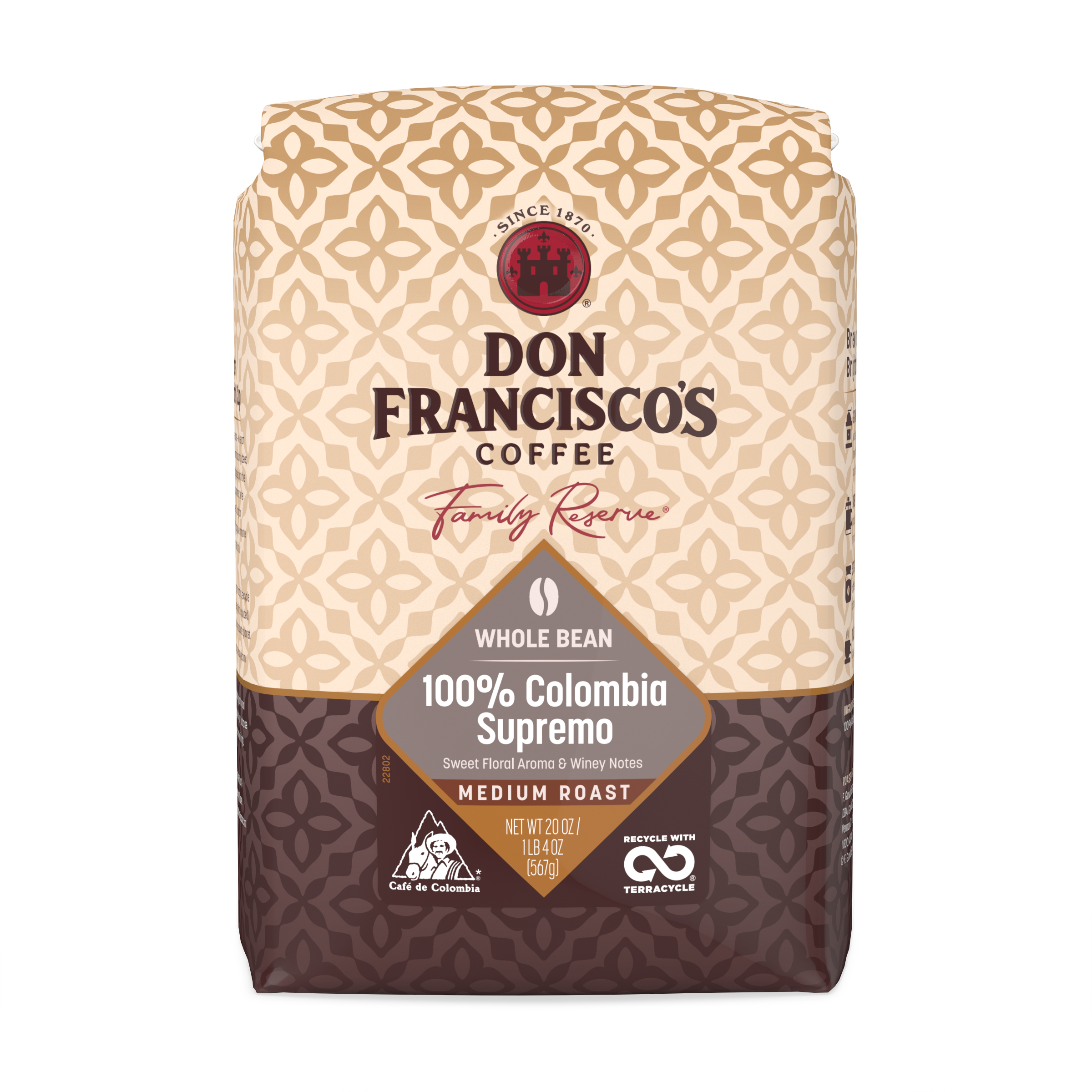 Don Francisco's 100% Colombia Supremo Whole Bean Coffee Bag - 20 oz.