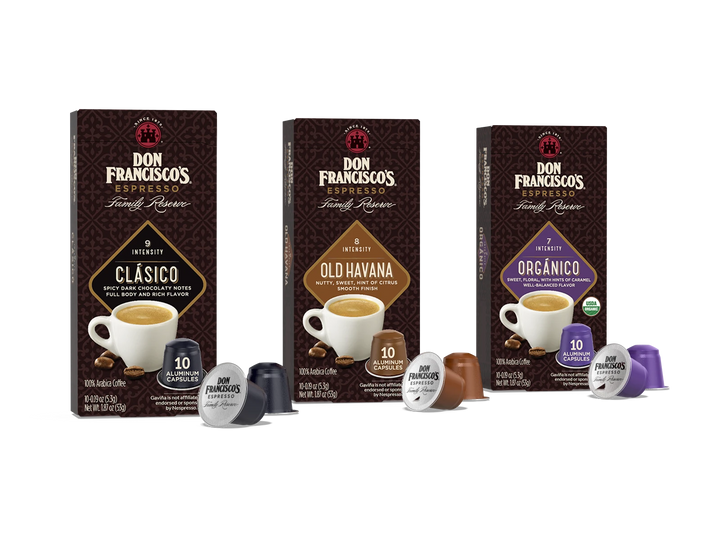 Don Francisco's Espresso Capsules Bundle with 10-count of Clasico, Old Havana, and Organico Aluminum Espresso Capsules