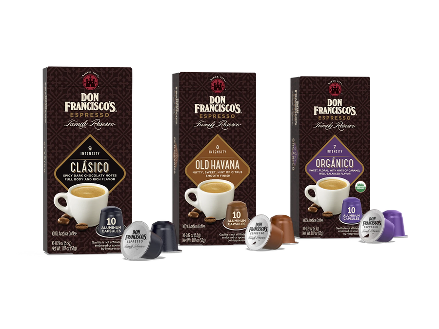 Don Francisco's Espresso Capsules Bundle with 10-count of Clasico, Old Havana, and Organico Aluminum Espresso Capsules