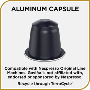 Don Francisco's Aluminum Espresso Capsule. Compatible with Nespresso Original Line Espresso Machines. Gaviña is not affiliated with, endorsed or sponsored by Nespresso. Recyclable through TerraCycle.