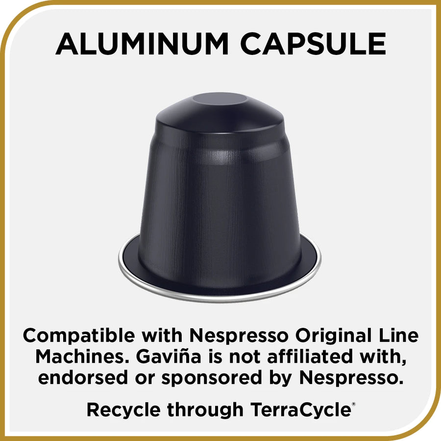 Don Francisco's Aluminum Espresso Capsule. Compatible with Nespresso Original Line Espresso Machines. Gaviña is not affiliated with, endorsed or sponsored by Nespresso. Recyclable through TerraCycle.