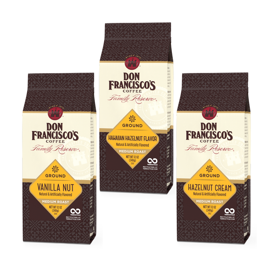 Don Francisco's Flavored Coffee Bundle with Vanilla Nut, Hawaiian Hazelnut, and Hazelnut Cream Ground Coffees