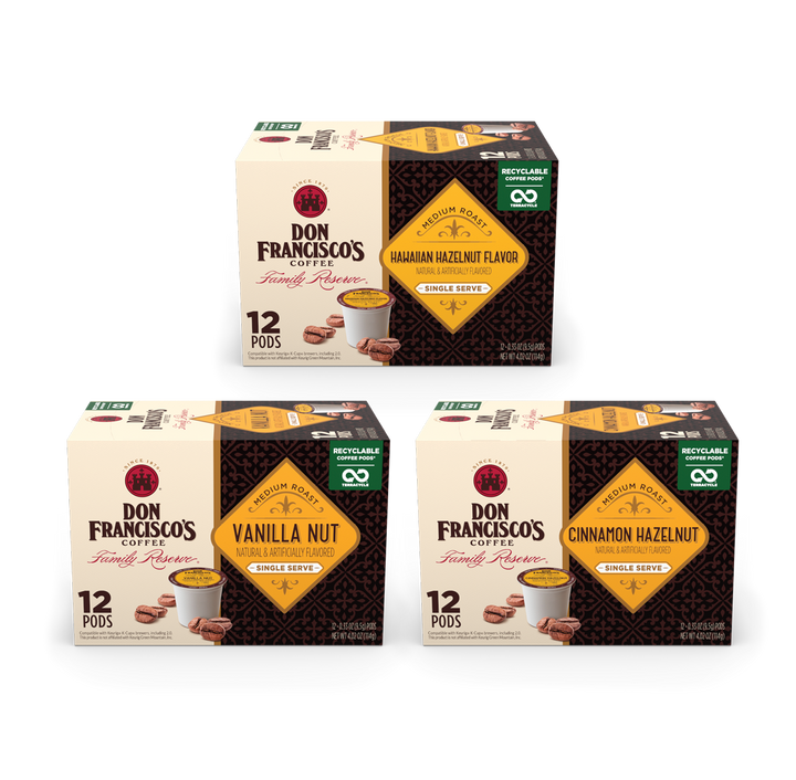 Don Francisco's Flavored Coffee Pods Bundle with 12-count of Hawaiian Hazelnut, Vanilla Nut, and Cinnamon Hazelnut Coffee Pods