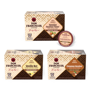 Don Francisco's Flavored Coffee Pods Bundle with 12-count of Hawaiian Hazelnut Flavor, Vanilla Nut, and Cinnamon Hazelnut Coffee Pods