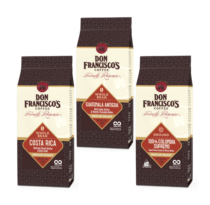Don Francisco's Single Origin Coffee Bundle with Costa Rica, Guatemala Antigua, and 100% Colombia Supremo ground coffees
