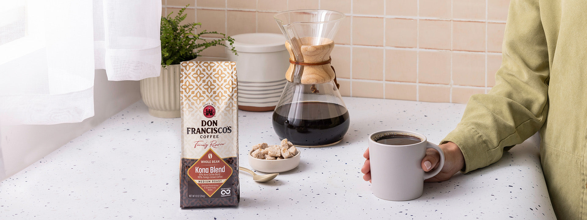 Don Francisco's coffee in a up on a countertop
