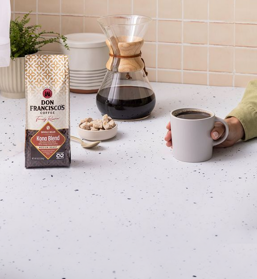 Don Francisco's coffee in a up on a countertop