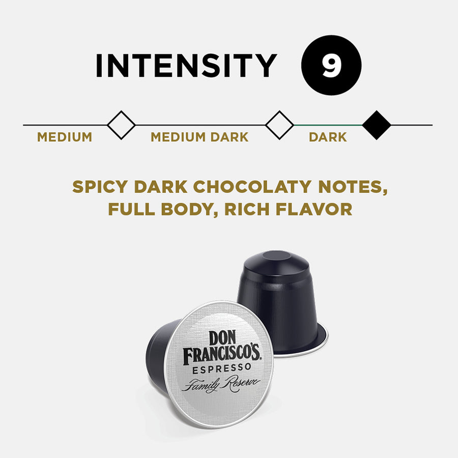 Don Francisco's Coffee Clasico Aluminum Espresso Capsules - Intensity 9 - Spicy Dark Chocolaty Notes, Full Body, Rich Flavor