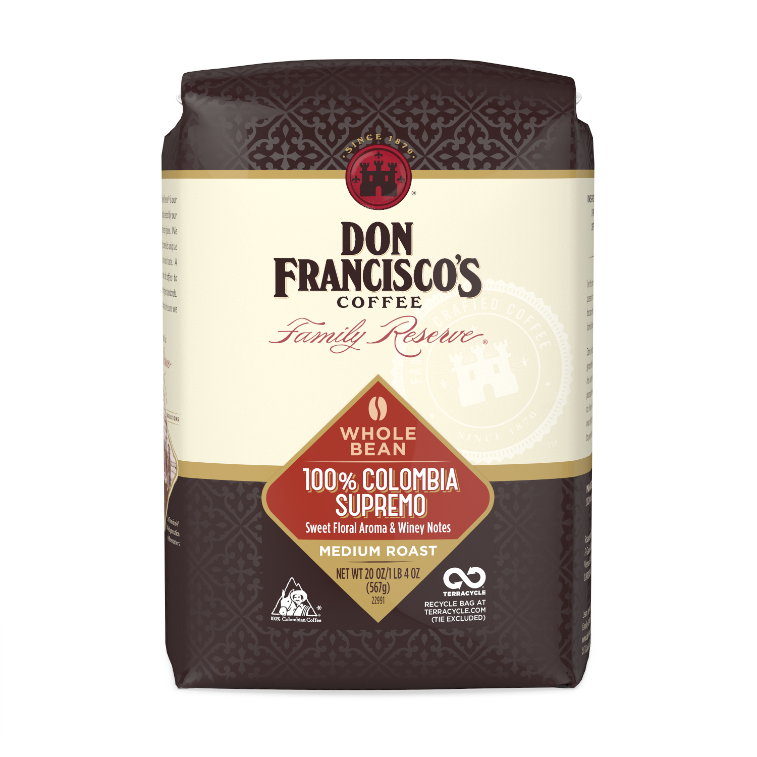 Don Francisco's 100% Colombia Supremo Whole Bean Coffee Bag - 20 oz.