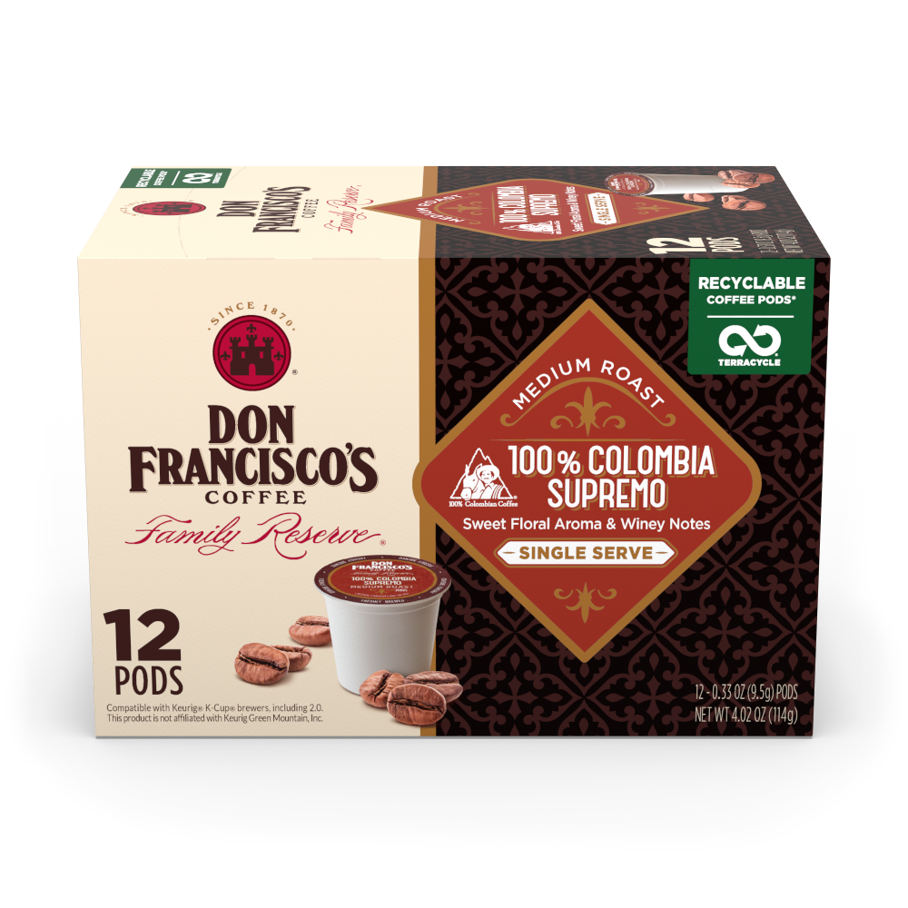 Don Franciscos Family Reserve Coffee, Medium Roast, 100% Colombia Supremo, Single Serve Cups - 12 pack, 0.33 oz cups