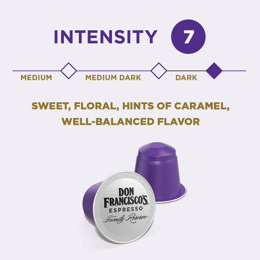 Don Francisco's Coffee Organico Aluminum Espresso Capsules - Intensity 7 - Sweet, Floral, Hints of Caramel, Well-Balanced Flavor